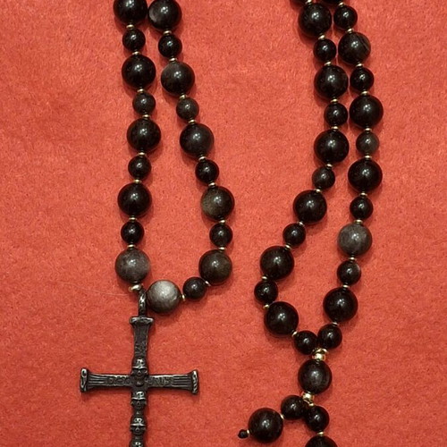 Memento Mori Necklace with Silver Obsidian and Cross with Skulls like new