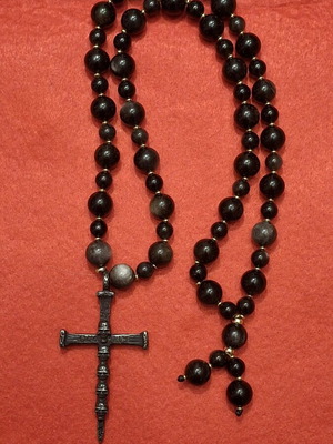 Memento Mori Necklace with Silver Obsidian and Cross with Skulls like new