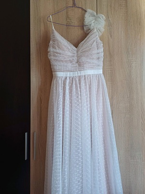 Φόρεμα επίσημο large καινούργιο, midi τύπου 60s, λευκό πουά με τούλι