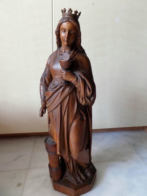 Antique wooden carved statue of Saint Barbara used, 19th century, 40 cm