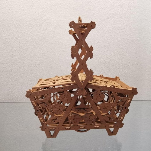 Wooden tray and basket set used, vintage with pierced decoration