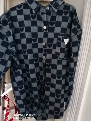 Tempish denim jacket with checkered card suit pattern like new, gray