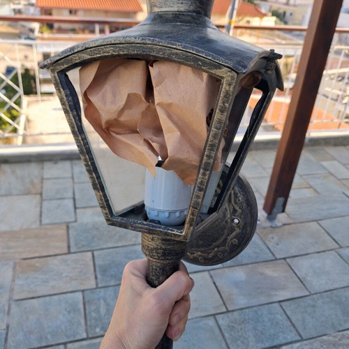 Outdoor wall lantern used, metal bronze patina with glass sides