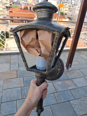 Outdoor wall lantern used, metal bronze patina with glass sides