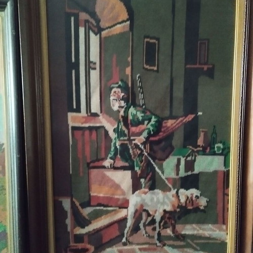 Embroidery paintings used, set of 2 with hunter and ducks theme
