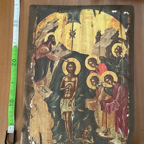 Ξύλινη θρησκευτική εικόνα μεταχειρισμένη, χαρτί σε ξύλο