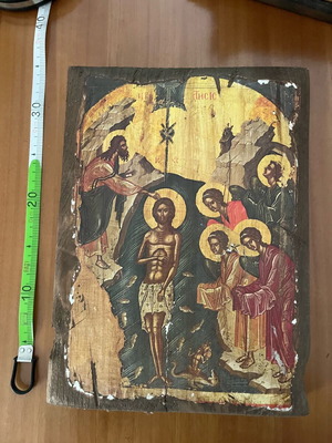 Ξύλινη θρησκευτική εικόνα μεταχειρισμένη, χαρτί σε ξύλο