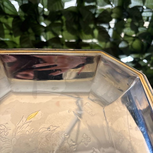 Vintage octagonal silver platter with gold floral details like new