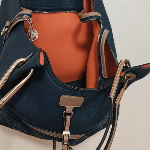 Large women's hobo bag, dark blue with brown details, perforated Greek meander