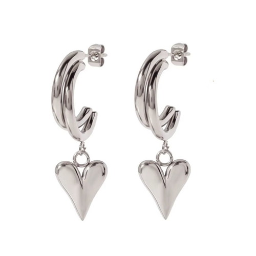 Earrings double hoops with hanging heart stainless steel new, silver