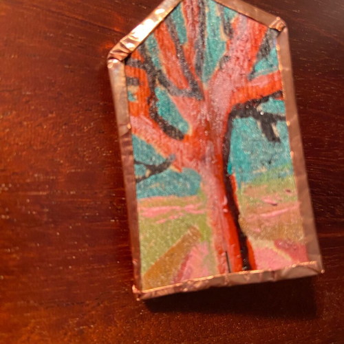 Unique hand-painted pin, wood with copper and leather, new