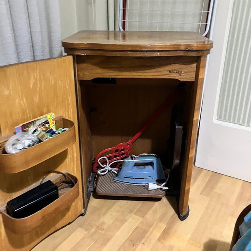 Necchi sewing machine used with antique cabinet, fully functional