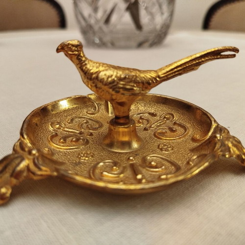 Vintage brass jewelry dish with pheasant figure like new