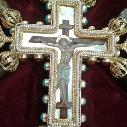 Silver gilded blessing cross with pearls and mineral stones