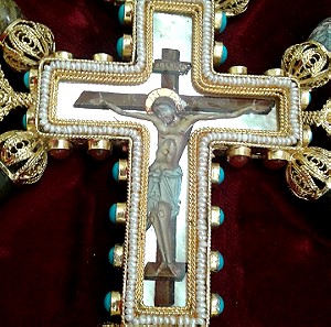 Ασημένιος Επιχρυσος Σταυρός Ευλογιάς Αγιογραφίας με Μαργαριτάρια και ορυκτός πέτρες