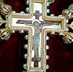  Ασημένιος Επιχρυσος Σταυρός Ευλογιάς Αγιογραφίας με Μαργαριτάρια και ορυκτός πέτρες
