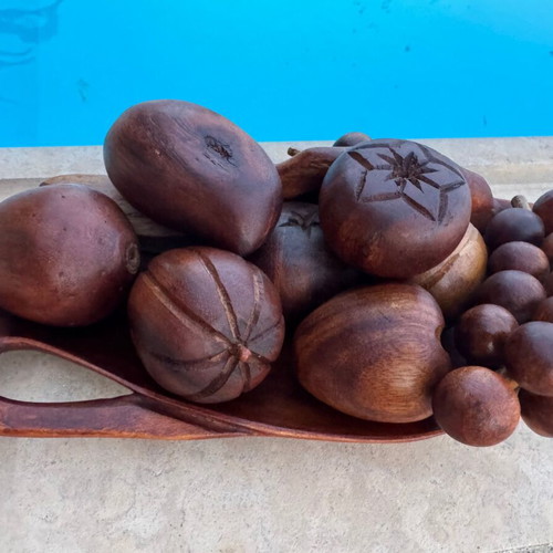 Vintage handmade wooden decorative set with wooden fruits
