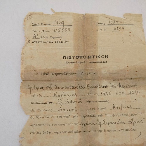 Military Draft Certificate Document Athens 1948
