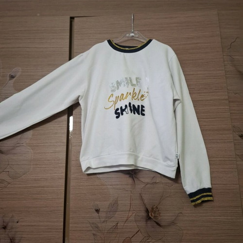 Le Trone Noir girls' white sweatshirt with sequins, blue and gold trim, like new