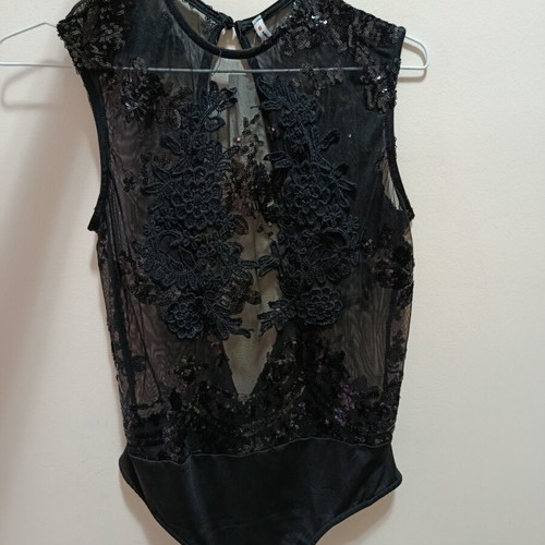 Bodysuit new with rhinestones and tulle, black, size L