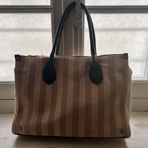 La Carrie large tote bag used, beige striped canvas with leather handles