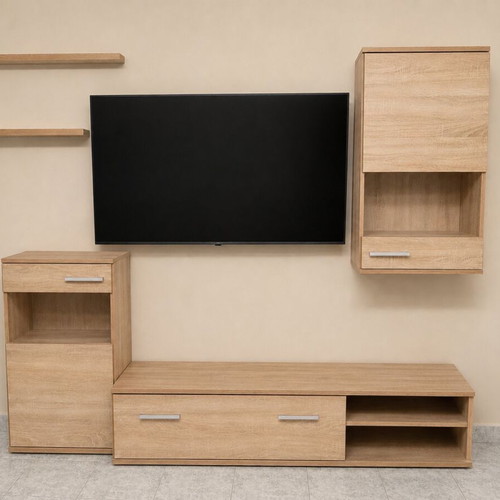 Living room unit with 3 cabinets and 2 shelves, glass door