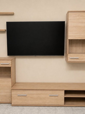 Living room unit with 3 cabinets and 2 shelves, glass door