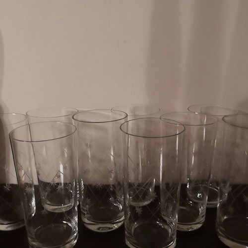 Crystal Ouzo Glasses like new, set of 9 with engraved stars and lines