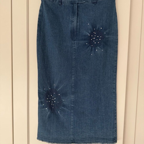 Denim stretch long skirt like new with decorative rhinestones blue size M