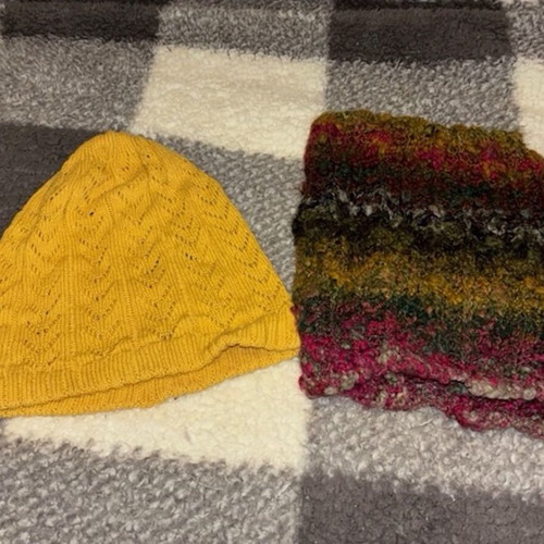 Winter hats used, yellow and multicolor, set of 2