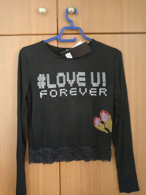 Extelle Love You Forever Blouse M/L New, Black with Strass and Lace