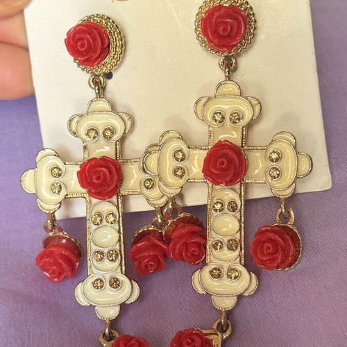 Earrings new, white and red floral cross design