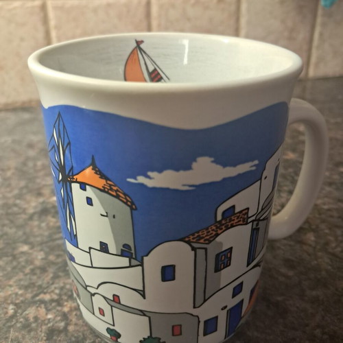 Ceramic mug souvenir from Mykonos Aegean art like new