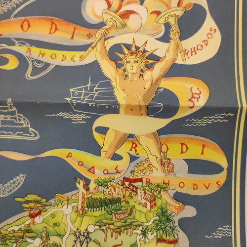 Rhodes Map lithograph by Egon Huber 1935 used, German language