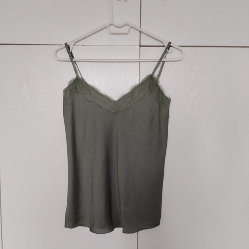 Khaki oil satin camisole used, small medium with lace