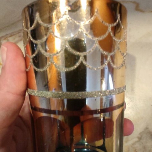 Vintage set of 6 tall glasses with gold patina and embossed designs, Made in Corea