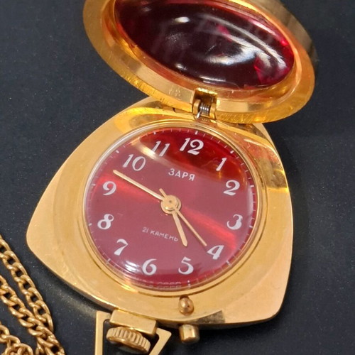 Vintage Russian necklace watch with ruby red faceted stone triangle like new