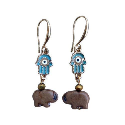 Earrings New With Brown Elephant Chaoite And Fatima Hand