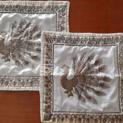 Set of two embroidered peacock sofa pillows