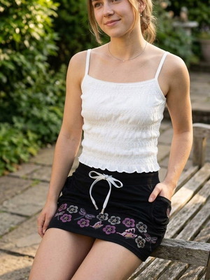 Black embroidered skirt with white top set, size S
