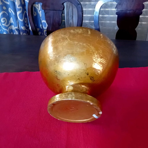 Large round decorative vase used, gold-bronze with gray lines