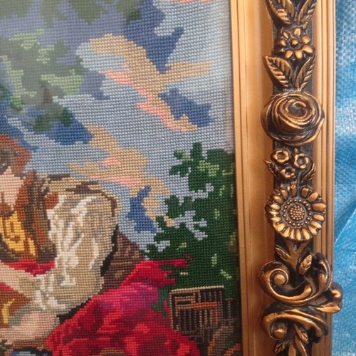 Embroidery painting with romantic couple, 60×79 cm, like new