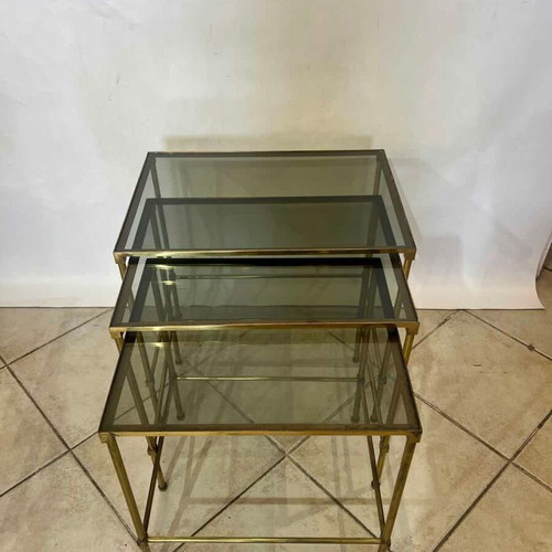 Vintage set of 3 brass nesting tables with glass surfaces used