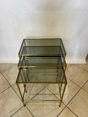 Vintage set of 3 brass nesting tables with glass surfaces used
