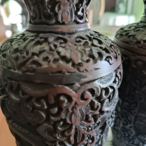 Wooden carved vases like new, solid ebony with dragons and flowers