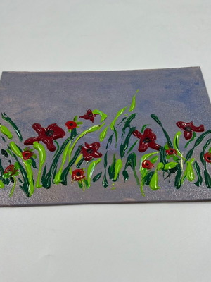 Handmade embossed canvas with red flowers used, impasto technique