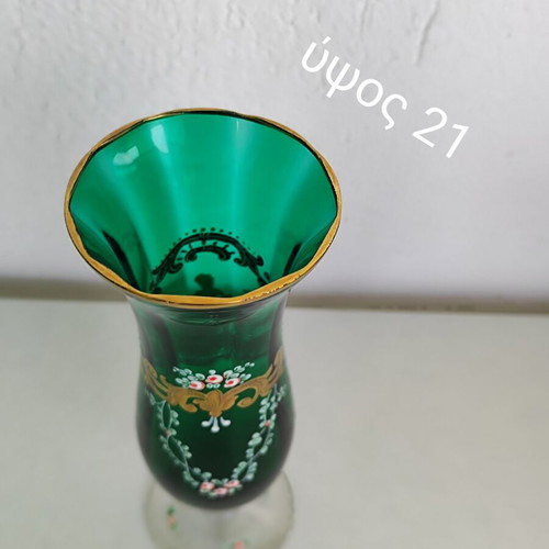 Vintage Murano vase emerald glass with handmade painting and 24K gold like new