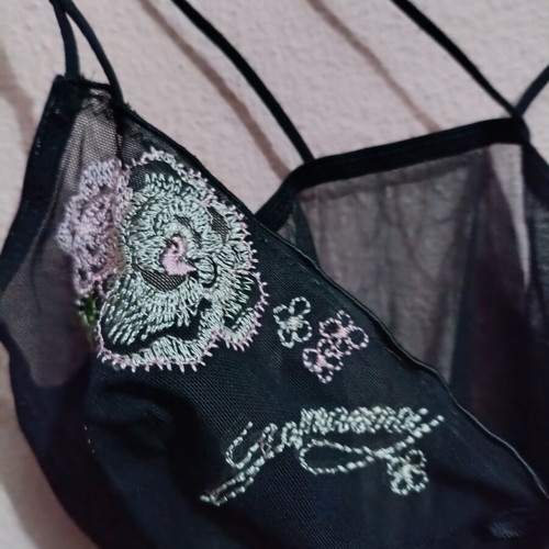 Black transparent negligee with floral embroidery new