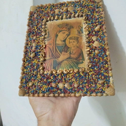 Old Icon of Panagia used, shell and stone frame