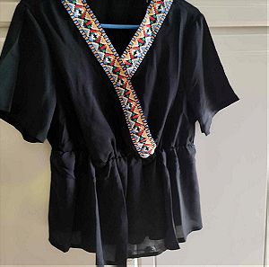 Μαύρη boho mexican κοντομάνικη μπλούζα XL